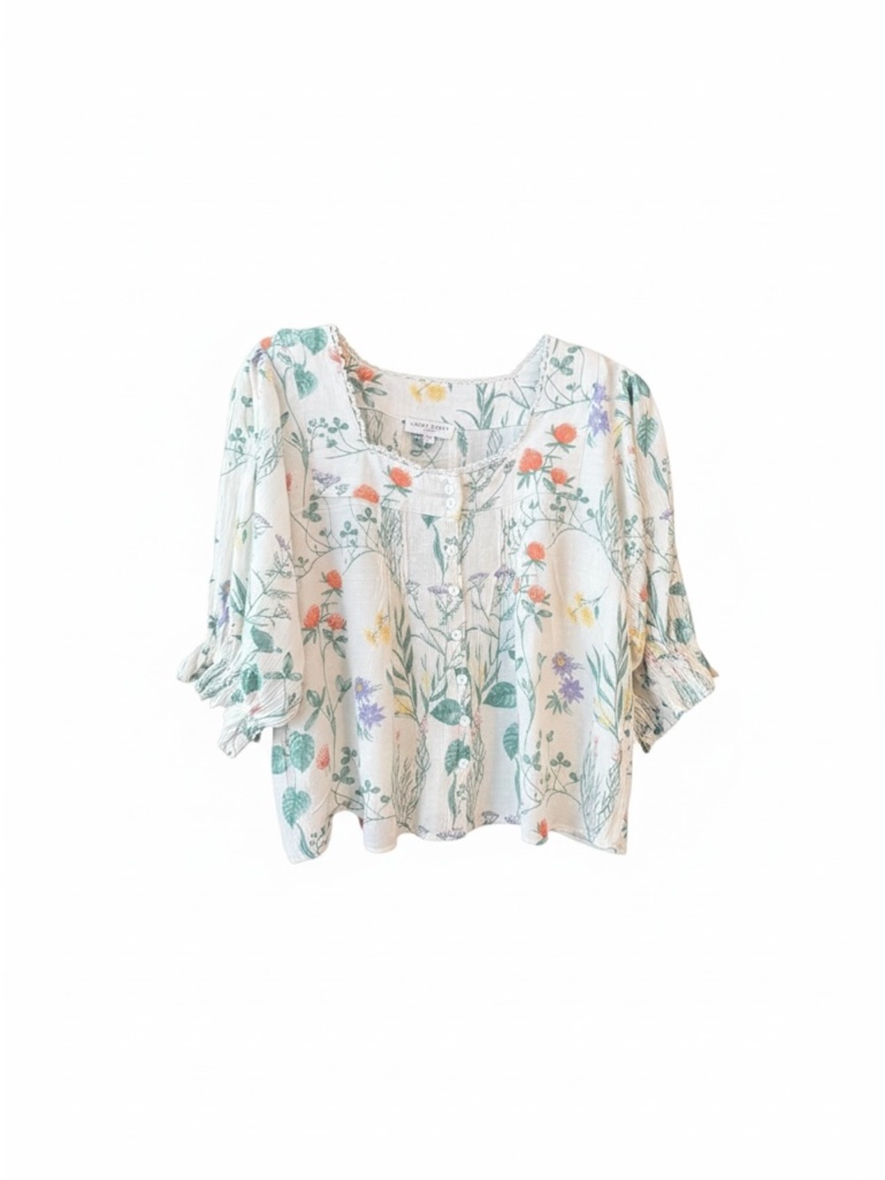 Laura Ashley Cream Floral Cottage Scoop-Neck Peasant Blouse with Green Leaves